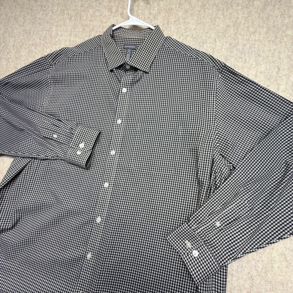 Van Heusen Button Down Mens 2XLT Black White Gingham Check Long Sleeve Shirt